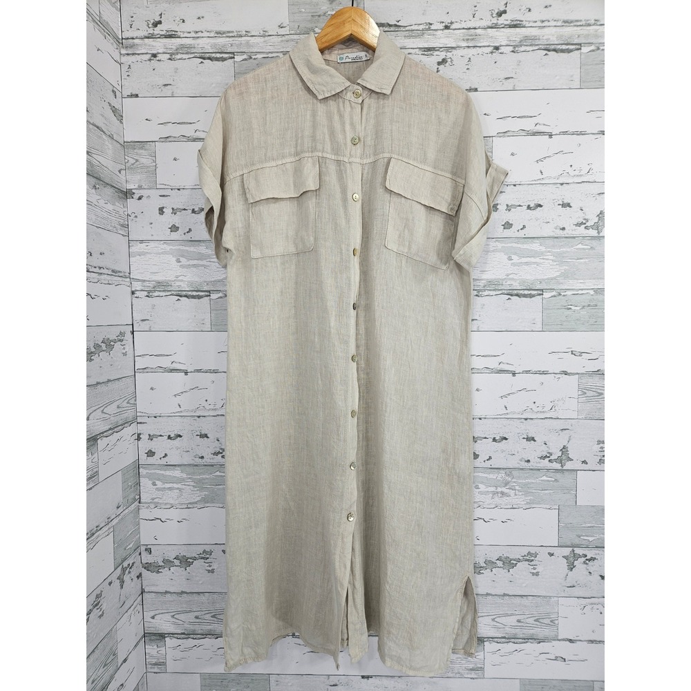 Paradise Made in Italy Linen Shirt Dress Beige Button Front Midi Small